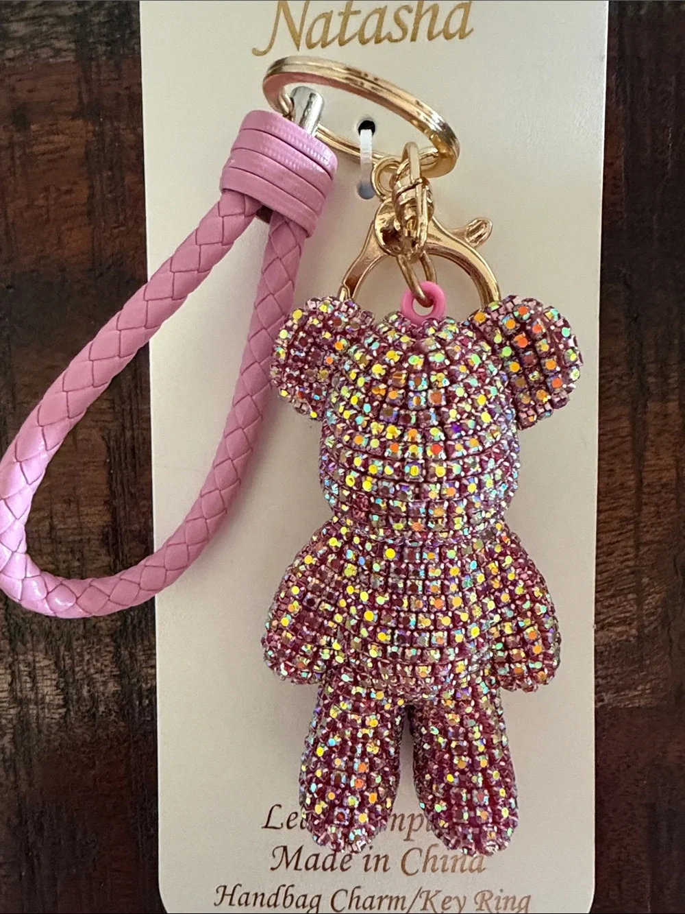 Natasha Couture Pink Crystal Teddy Bear Keyring with Braided Wristlet